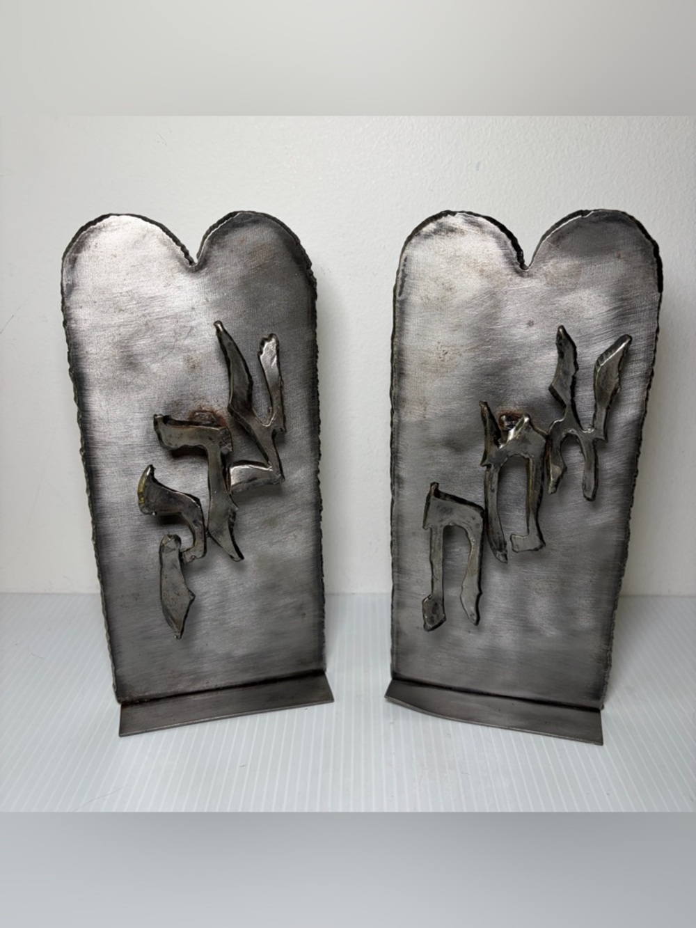 Vintage 1980s Metal Brutalist ? Judaica Bookends 9 Inches Silver-Gray Tone Weld